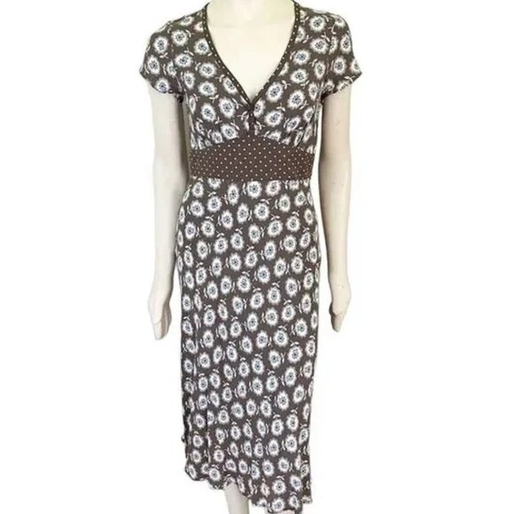 Boden Dresses & Skirts - Boden Empire Waist Midi Dress Brown Blue Polka Dot Floral